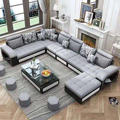 9 Seater Sofa Set, U Shape with 4 puffs Grey and Black